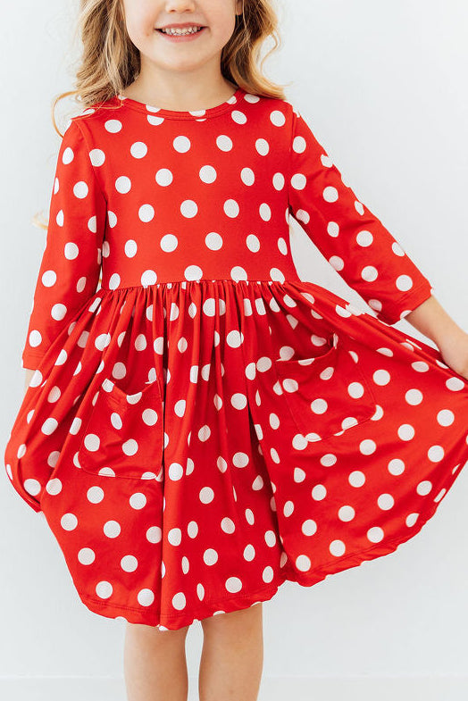 Mila & Rose ® Red Polka Dots 3/4 Sleeve Pocket Twirl Dress — main product shot