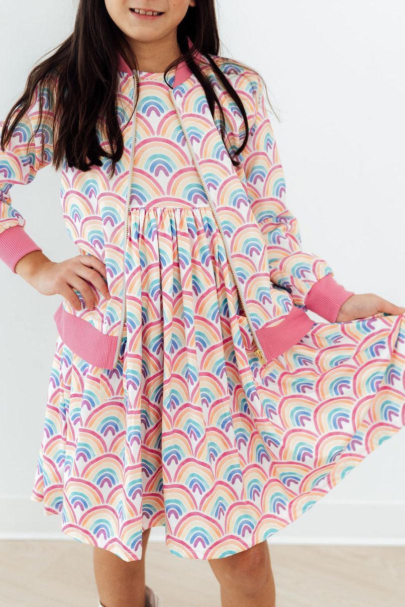 Mila & Rose ® Watercolor Rainbows Satin Jacket — lifestyle context