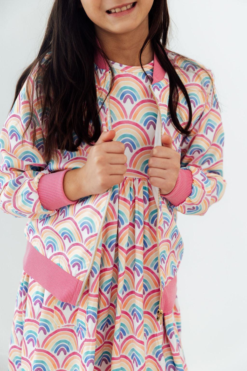 Mila & Rose ® Watercolor Rainbows S/S Pocket Twirl Dress — in-use photo