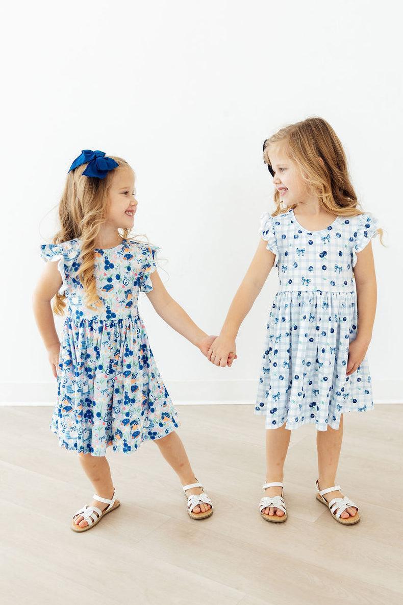 Mila & Rose ® Blueberry Picnic Flutter Sleeve Twirl Dress — detail close-up