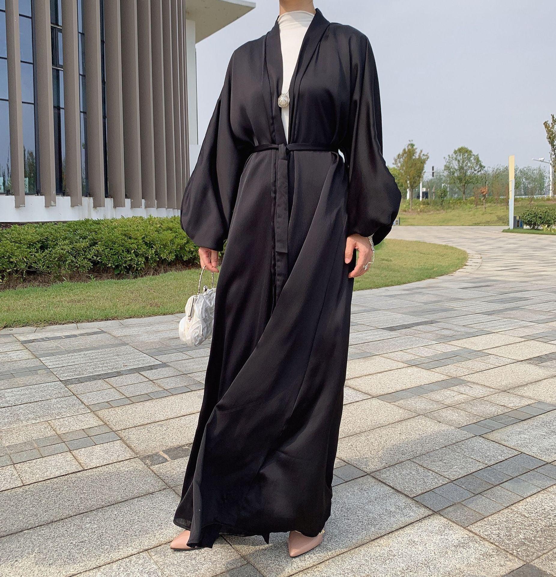 Satin Bunched Sleeve Open Abaya (MOA048)