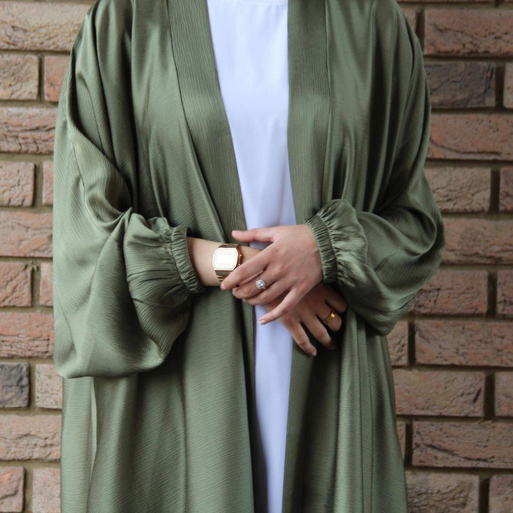 Satin Bunched Sleeve Open Abaya (MOA048)