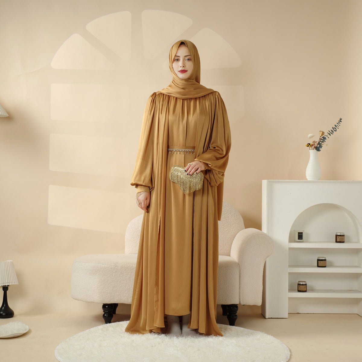 Mariam's Collection Lantern Sleeve Abaya, 4-Piece Set Large Pleated Sleeves Abaya (MOA084) — construction detail