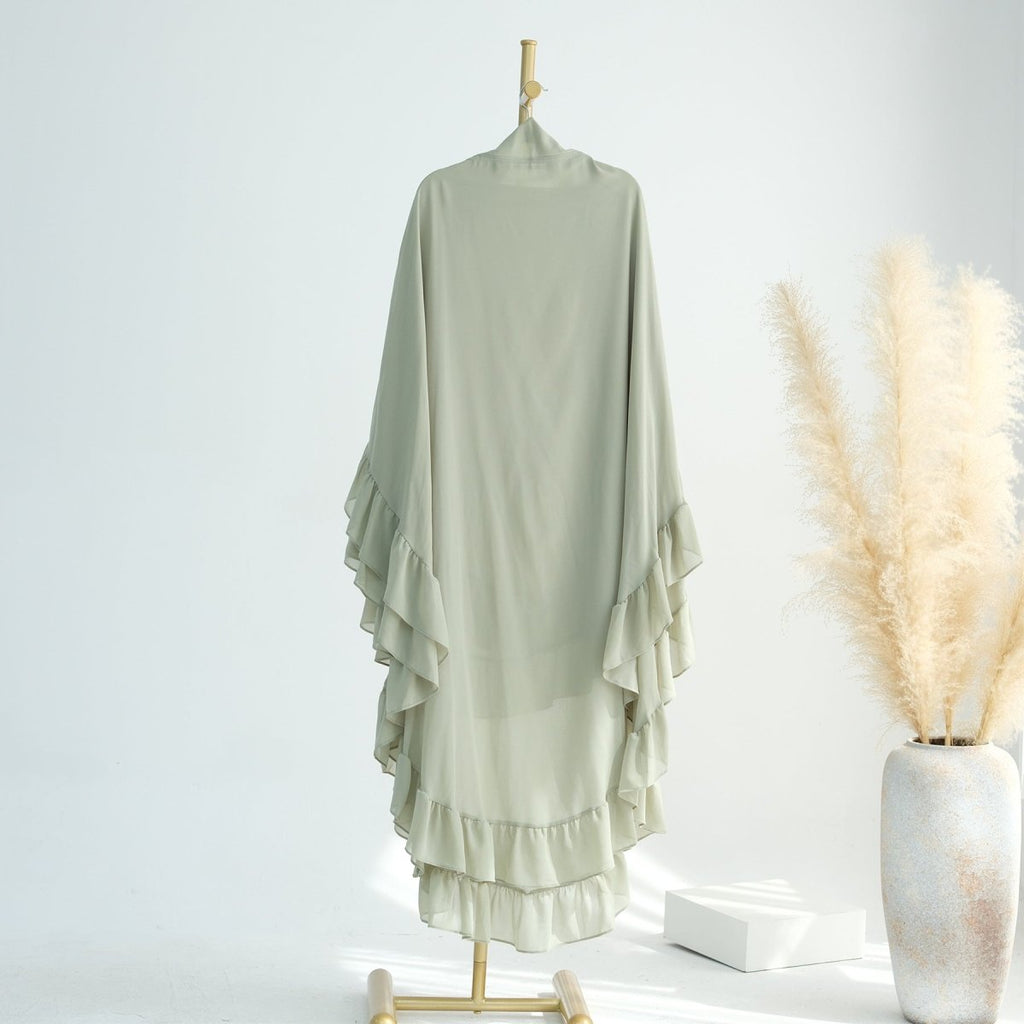 Soft Solid Color Muslim Hijabs with Flowy Cape Design |  Double-Layer Ruffle-Edged Big Swing Headscarf (MK023)