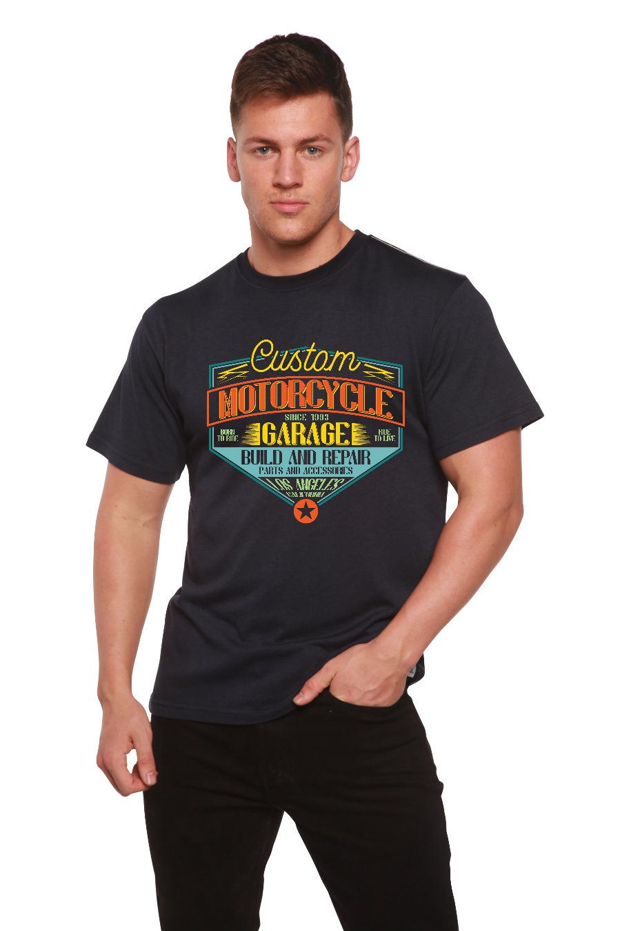 Spun Bamboo Motorcycle Garage Men's Bamboo Viscose/Organic Cotton Short Sleeve Graphic T-Shirt — main product shot