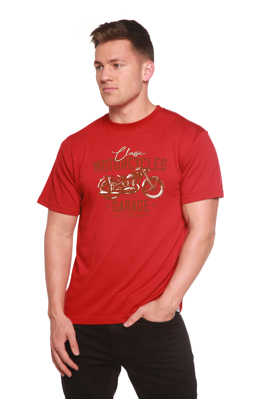 Spun Bamboo Motorcycles Garage Men's Bamboo Viscose/Organic Cotton Short Sleeve Graphic T-Shirt — product on model