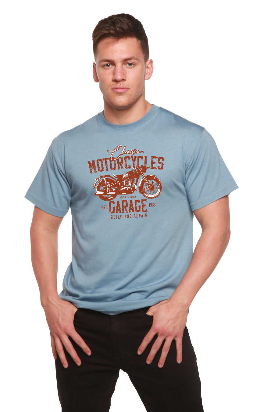 Spun Bamboo Motorcycles Garage Men's Bamboo Viscose/Organic Cotton Short Sleeve Graphic T-Shirt — flat-lay composition