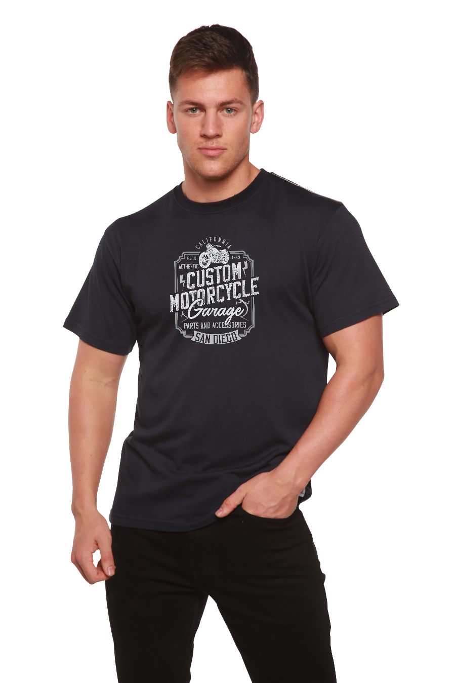 Spun Bamboo Mototrcycle Garage Men's Bamboo Viscose/Organic Cotton Short Sleeve Graphic T-Shirt — main product shot