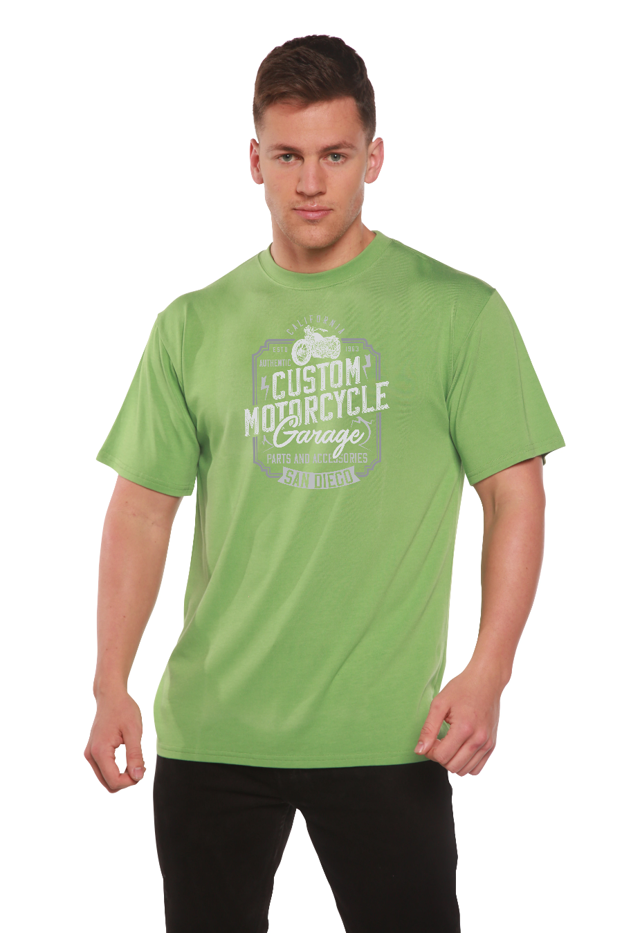 Spun Bamboo Mototrcycle Garage Men's Bamboo Viscose/Organic Cotton Short Sleeve Graphic T-Shirt — in-use photo