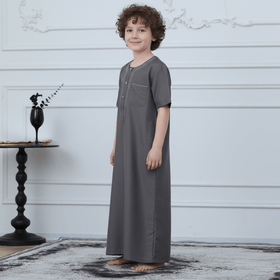 Muslim Boys Short Sleeve Embroidered Thobe with Pockets (MKB015)