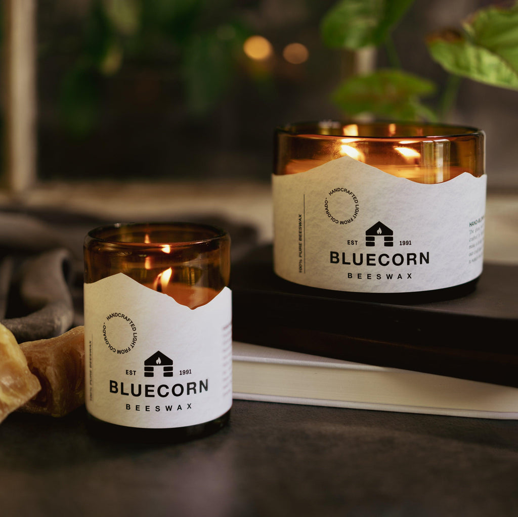Bluecorn Candles Pure Beeswax Candle in Blown Glass — branding close-up