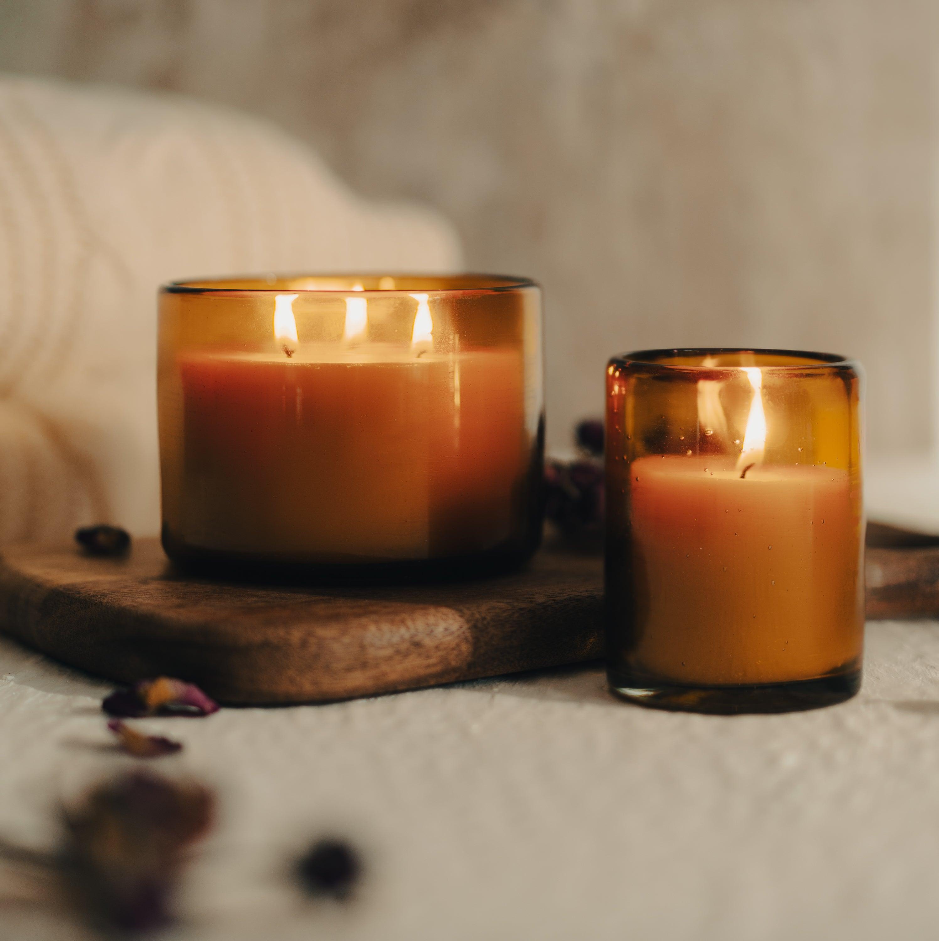 Bluecorn Candles Pure Beeswax Candle in Blown Glass — lifestyle context