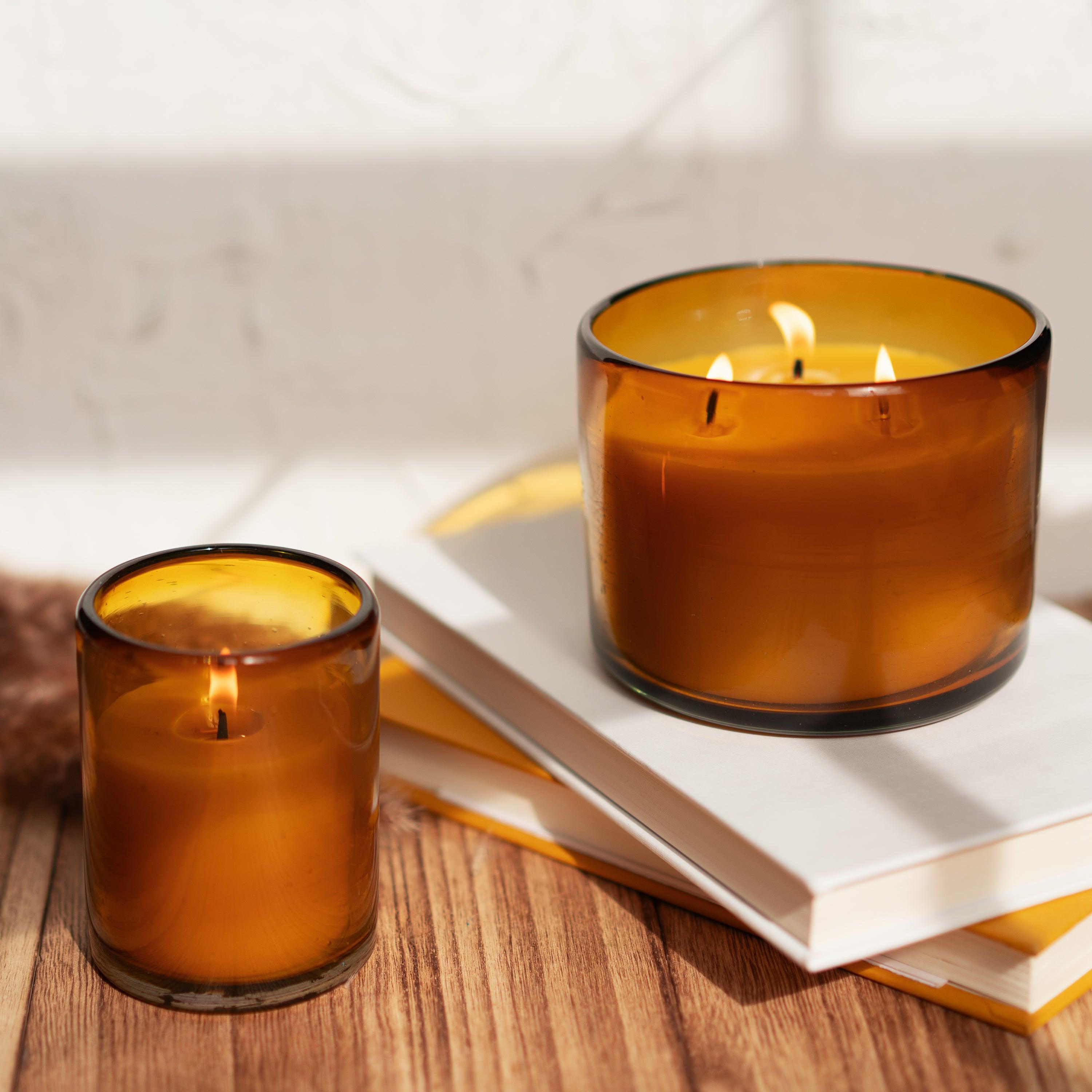 Bluecorn Candles Pure Beeswax Candle in Blown Glass — in-use context