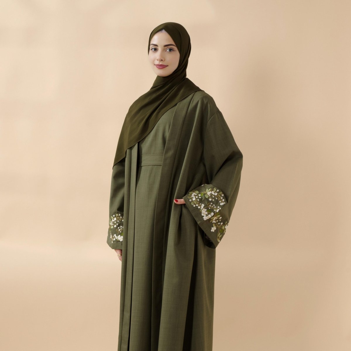 Mariam's Collection Olive Branch Embroidered Linen Abaya Set With Matching Belt & Hijab (MOA037) — main product shot