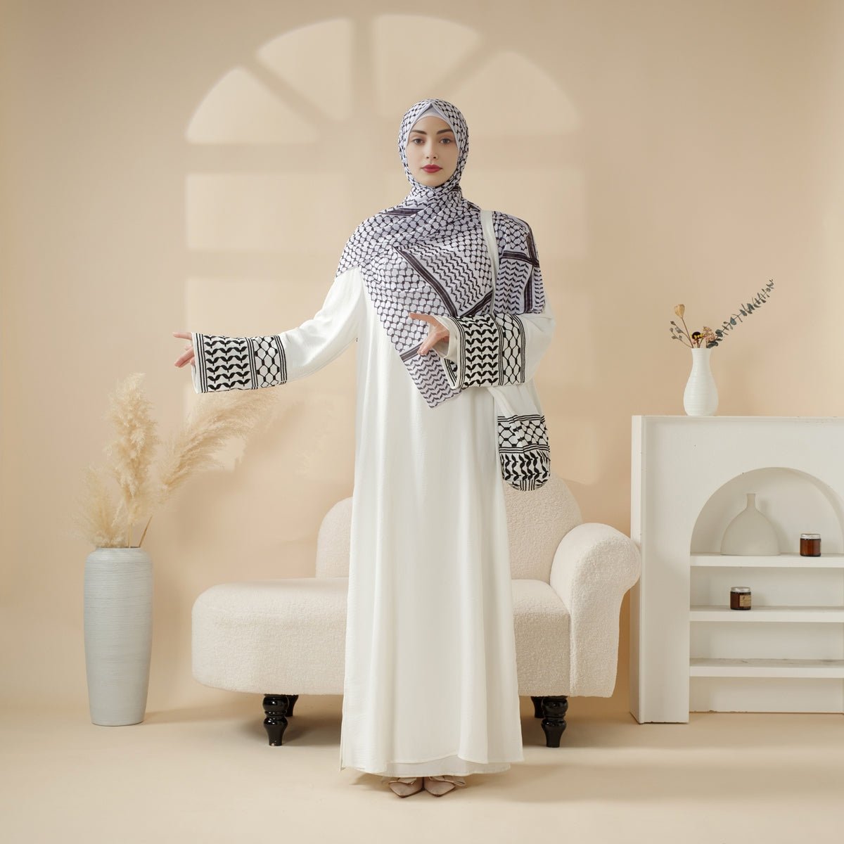 Mariam's Collection Palestinian Keffiyeh-Inspired Abaya with Matching Crossbody Bag Keffiyeh Abaya (MA131) — lifestyle worn / used context