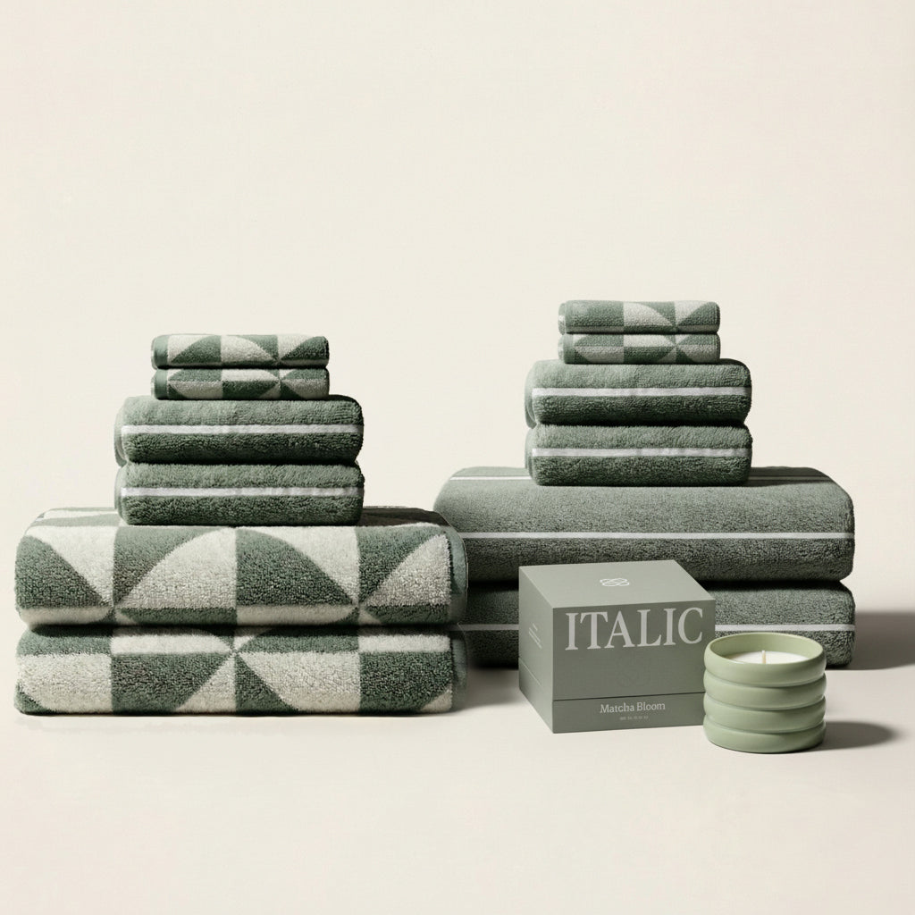 Italic Umbra Beach Towel — flat-lay composition