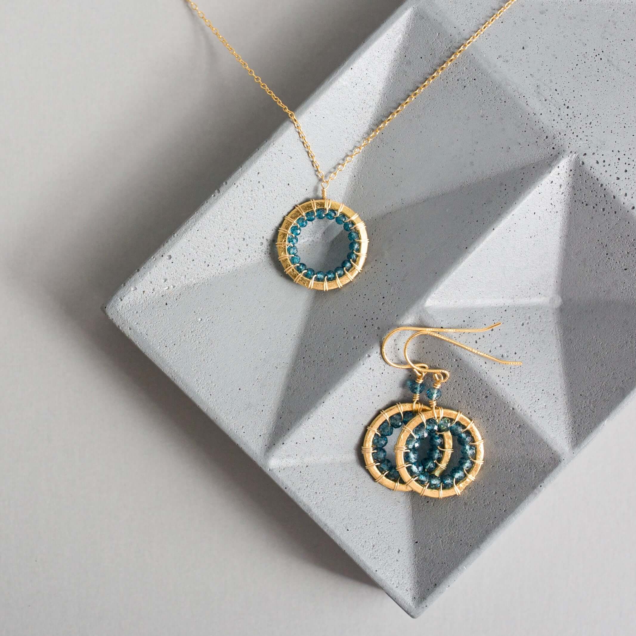 London Blue Quartz Halo Mini Gold Pendant