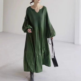 Pleated Knit Maxi Dress | Bubble Sleeve Mixed Media Sweater Dress(MS228)