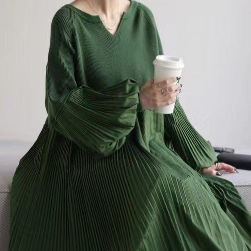 Pleated Knit Maxi Dress | Bubble Sleeve Mixed Media Sweater Dress(MS228)