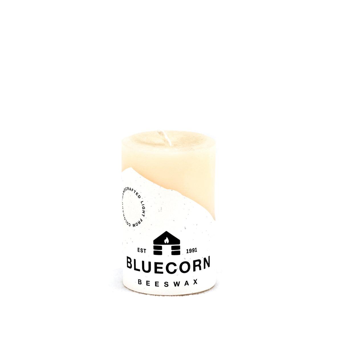 Bluecorn Candles Ivory Pure Beeswax Pillar Candles — branding close-up