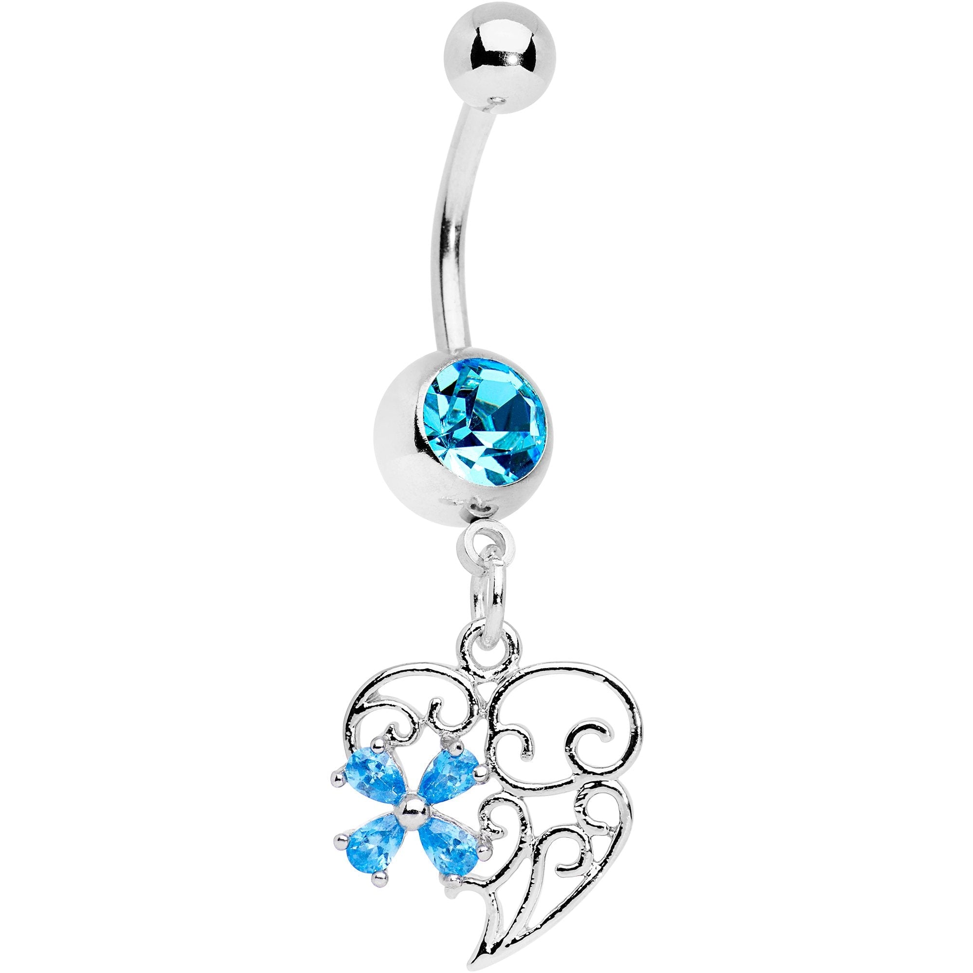 BodyCandy Aqua Gem Filigree Heart Flower Dangle Belly Ring — main product shot