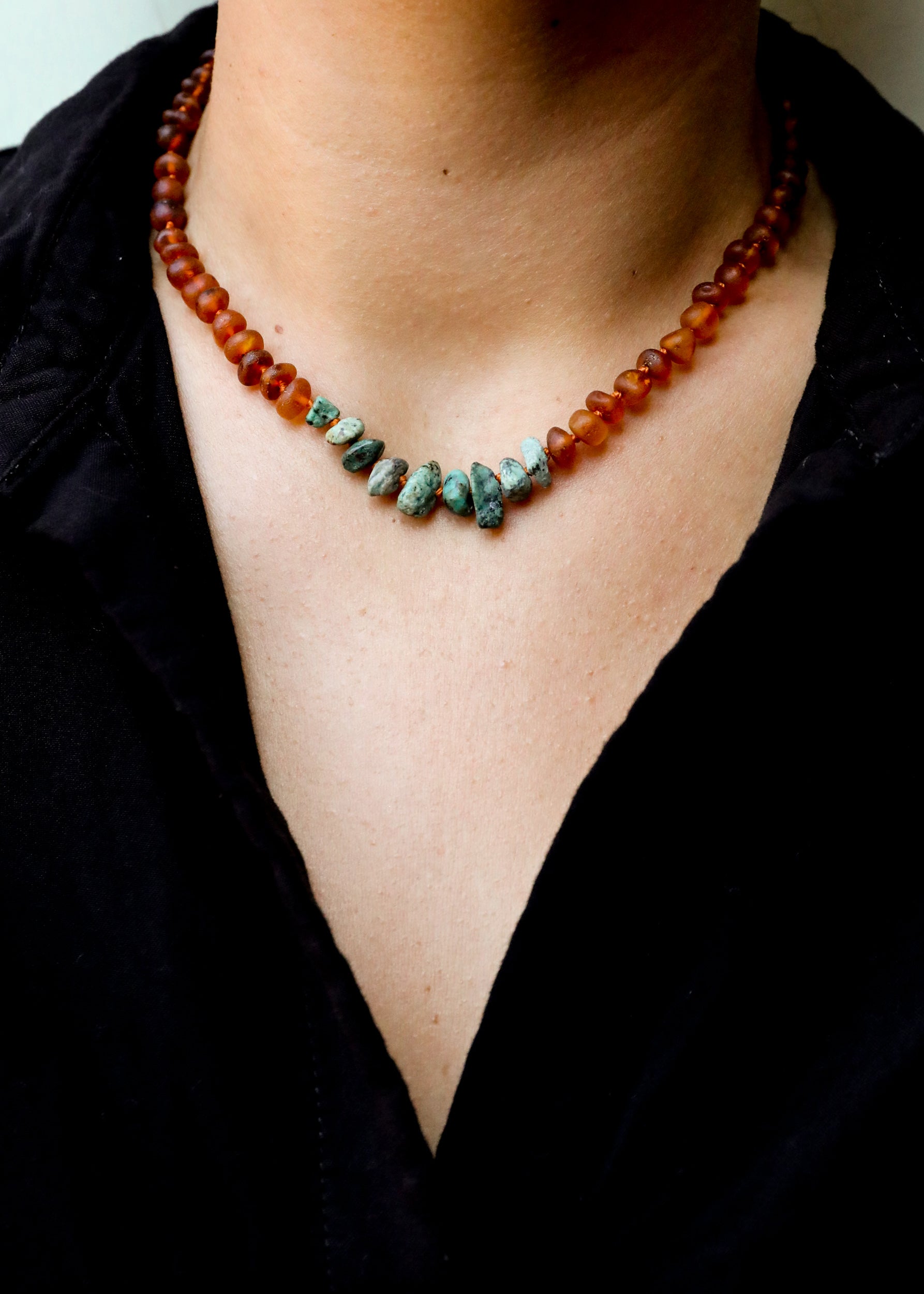 CanyonLeaf Raw Cognac Baltic Amber + Raw Turquoise Jasper || Necklace — lifestyle context