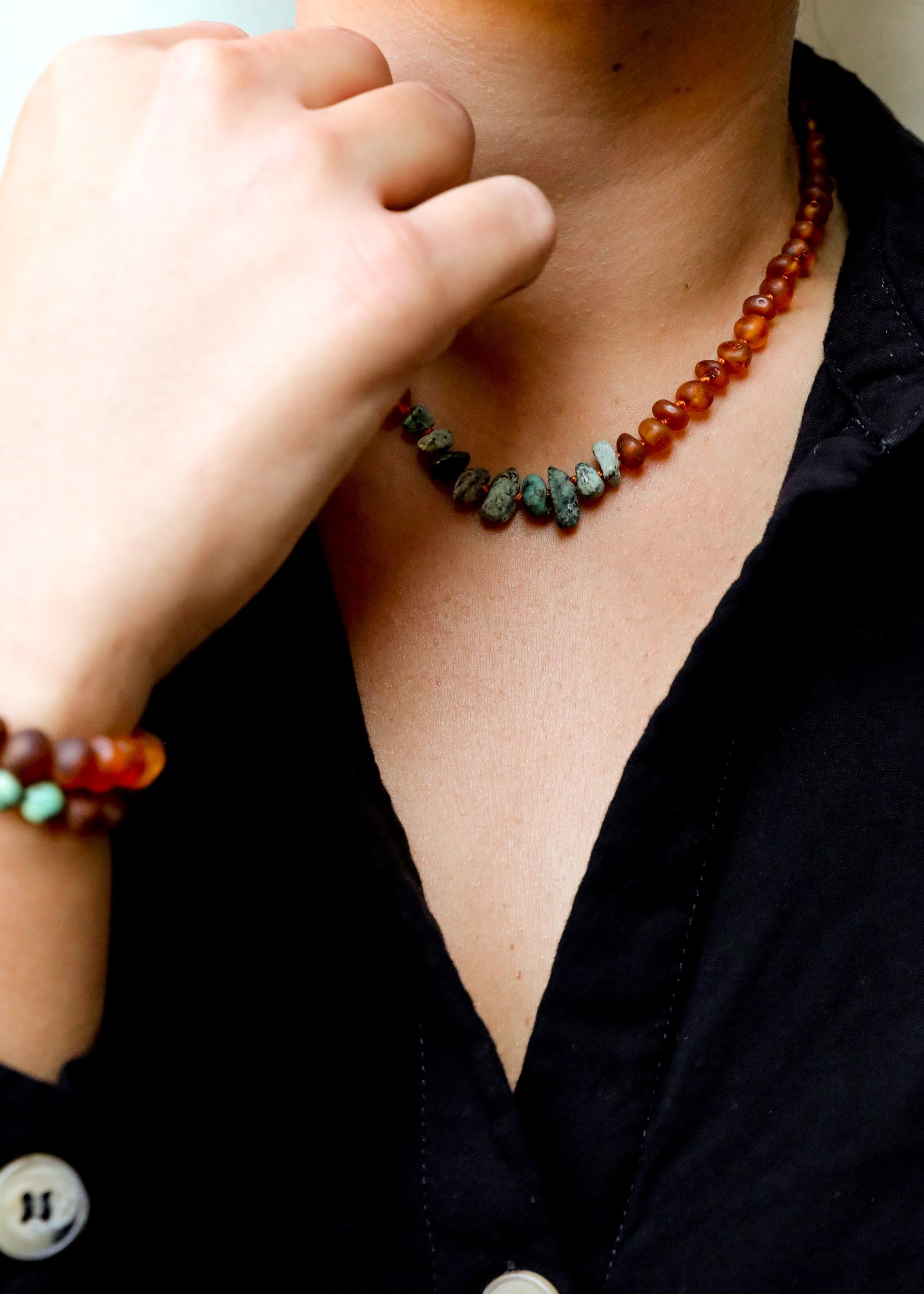 CanyonLeaf Raw Cognac Baltic Amber + Raw Turquoise Jasper || Necklace — side view