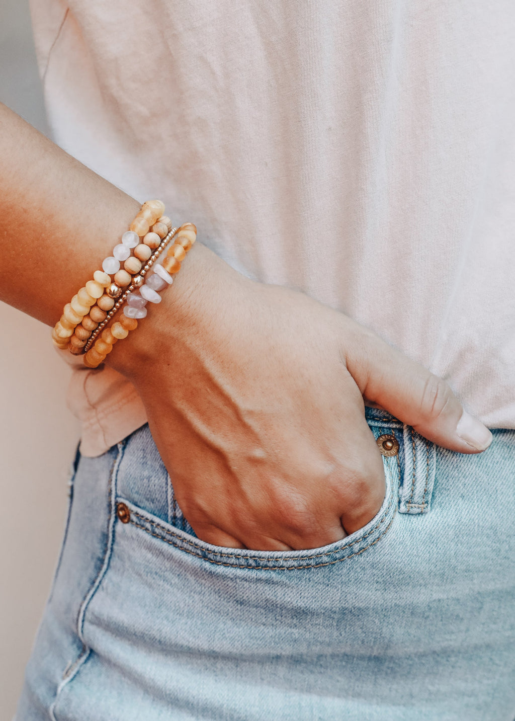 CanyonLeaf Raw Honey Baltic Amber + Raw Rose Quartz || Adult Bracelet — detail close-up
