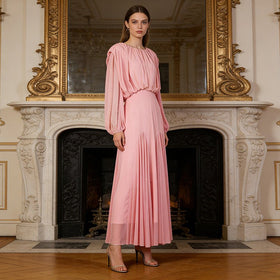 Round Neck Ruched Bodice Lantern Sleeve Floor-Length Dress(MS402)