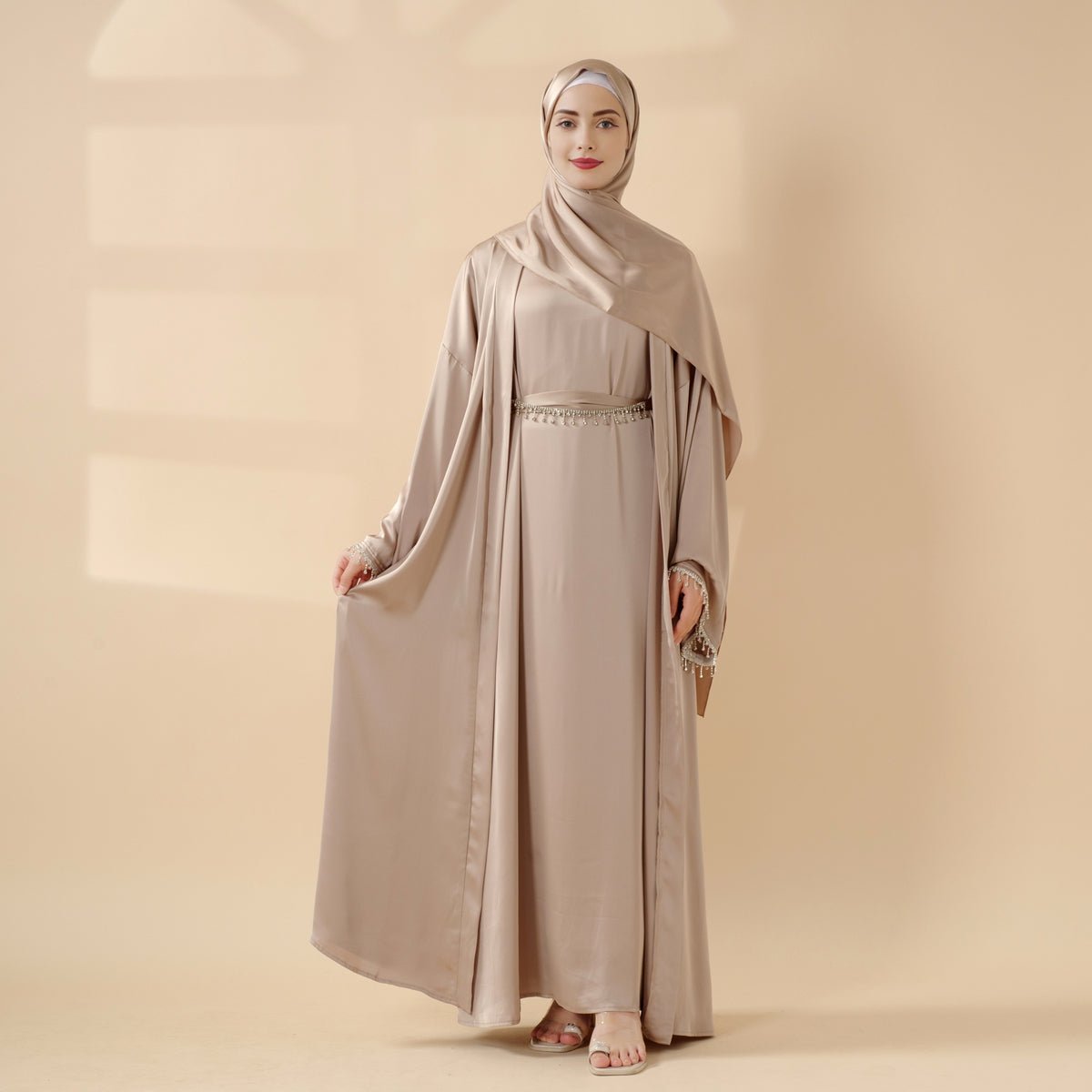 Mariam's Collection Satin Abaya With Matching Belt Made Of Diamond Tassel (MOA010) — main product shot