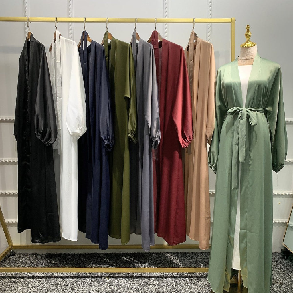 Satin Bunched Sleeve Open Abaya (MOA048)
