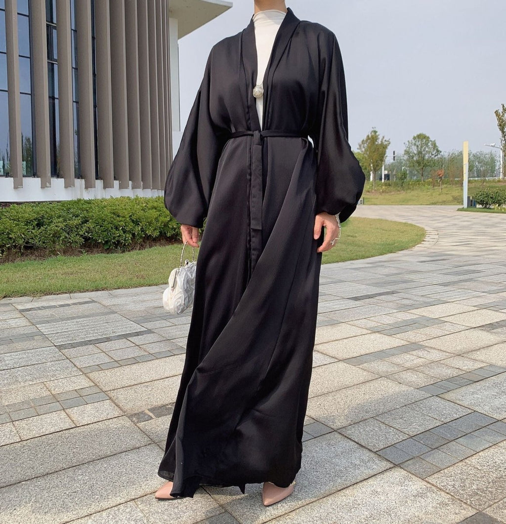 Satin Bunched Sleeve Open Abaya (MOA048)