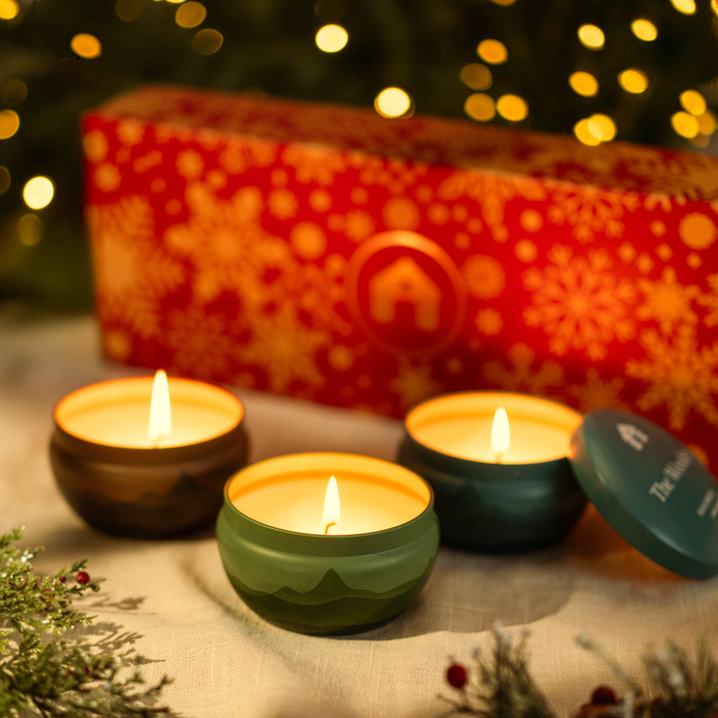 Bluecorn Candles Scented Candle Gift Set - Three 8oz Aromática Coconut Wax Candle Tins - Pumpkin, Pine & Woodsy — detail and construction