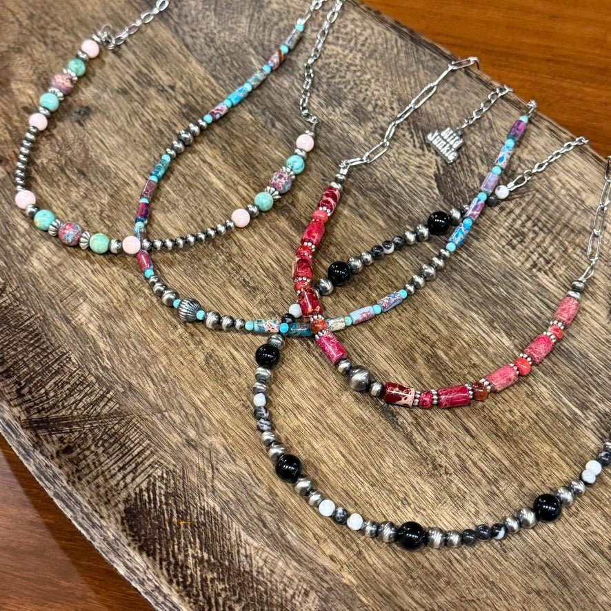 Wild Junkie Corrugated Silver Pearl and Jasper Barrel Bead Necklace — lifestyle worn / used context