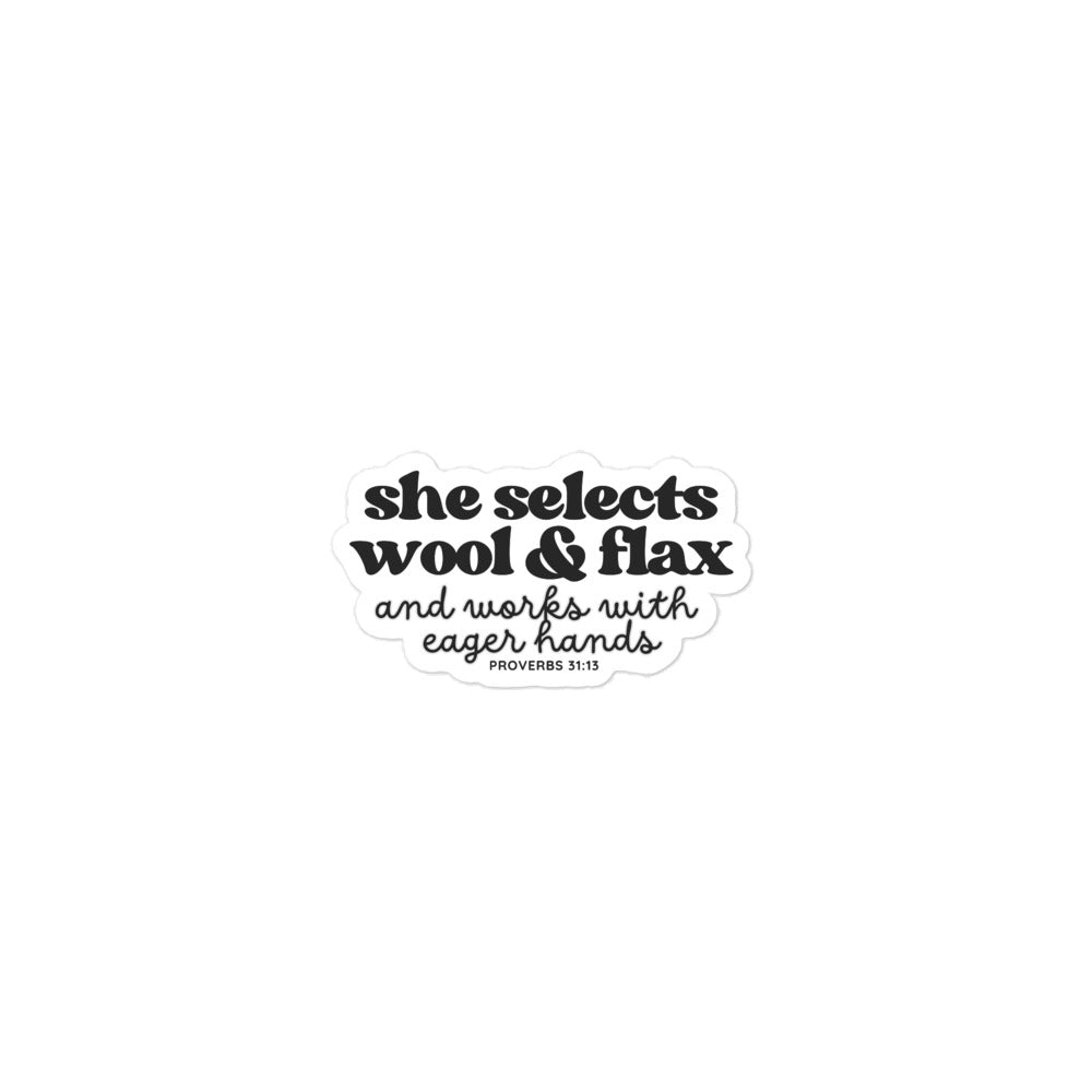 Darn Good Yarn “She Selects Wool & Flax” Bubble Free Sticker – Designed by Nicole SnowBubble-free stickers — main product shot