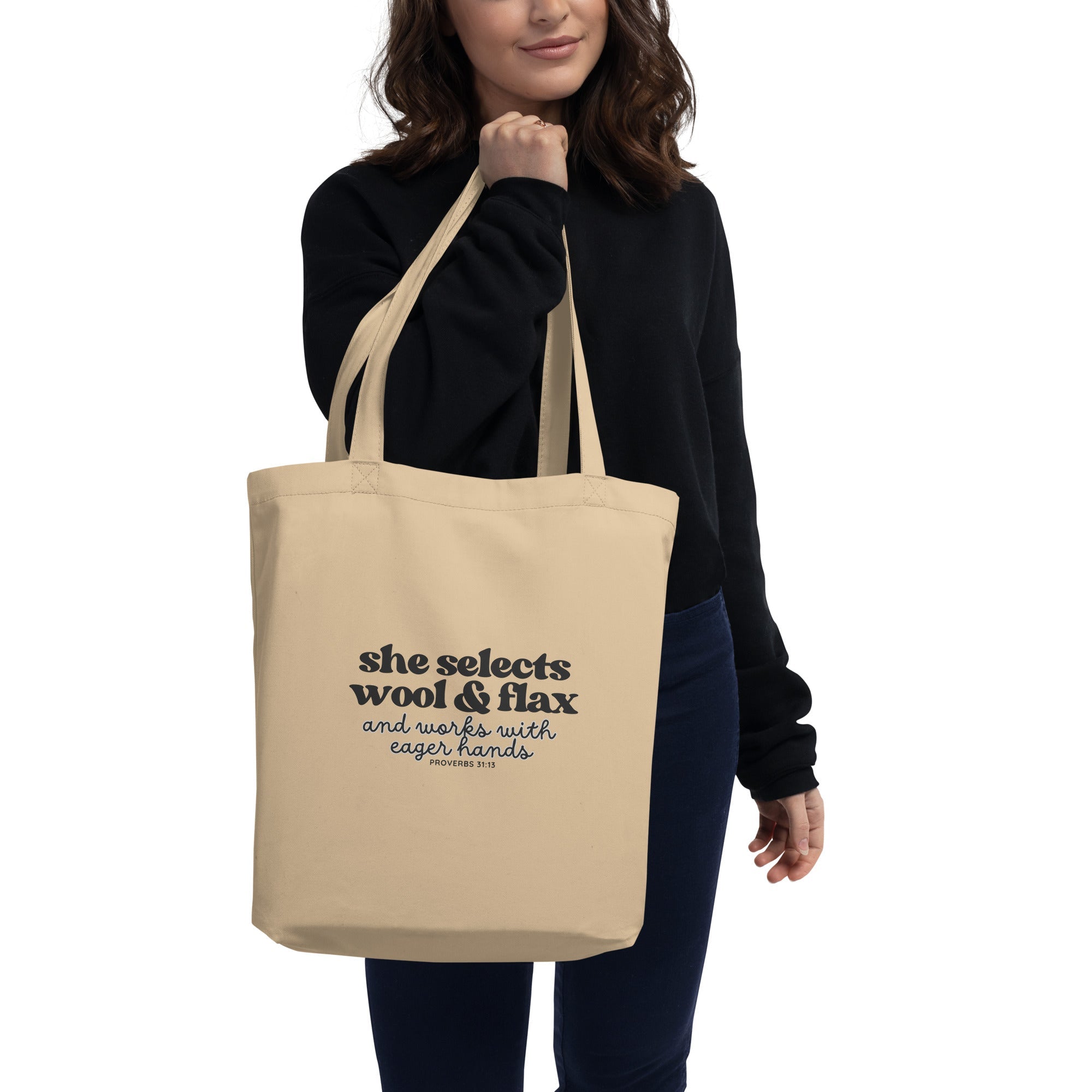 Darn Good Yarn “She Selects Wool & Flax” Scripture Eco Tote Bag – Designed by Nicole Snow — main product shot