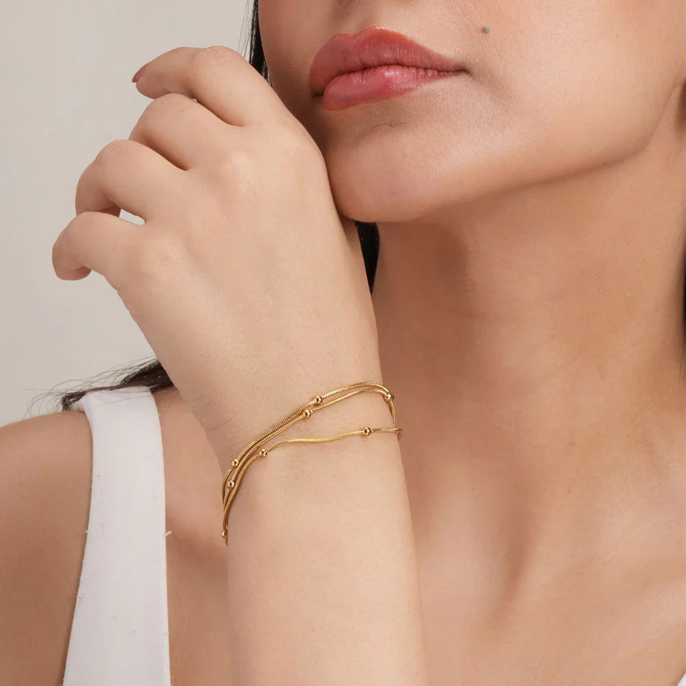SORI STYLE Triple Layer Gold Chain Bracelet with Beads E-legant Women’s Jewelry — back view