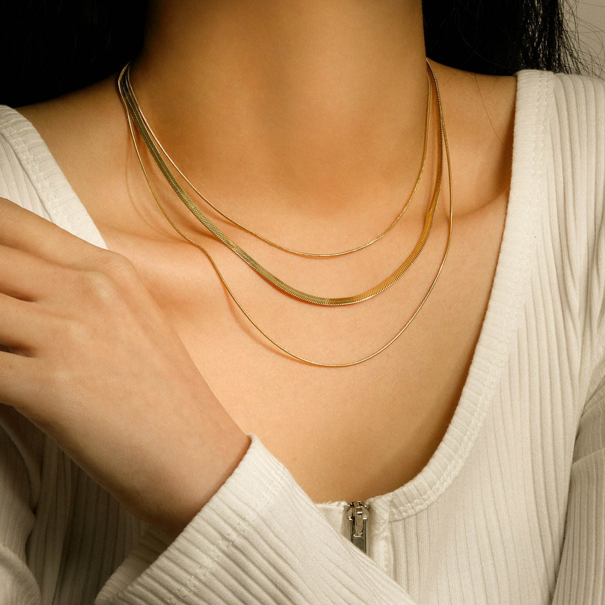 SORI STYLE Triple Layer Snake Chain Necklace — side view