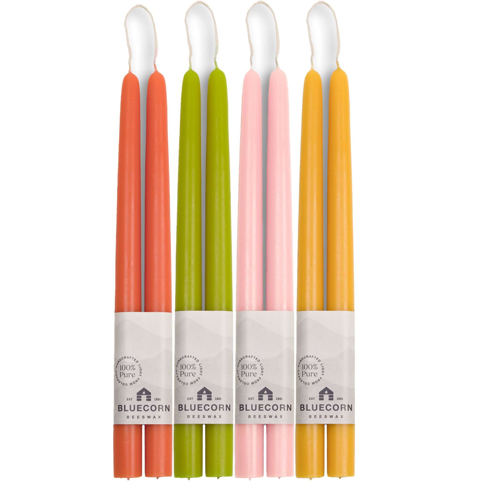 Bluecorn Candles Spring Beeswax Taper Candle Bundle - Dusty Rose, Apricot, Pistachio & Raw — main product shot