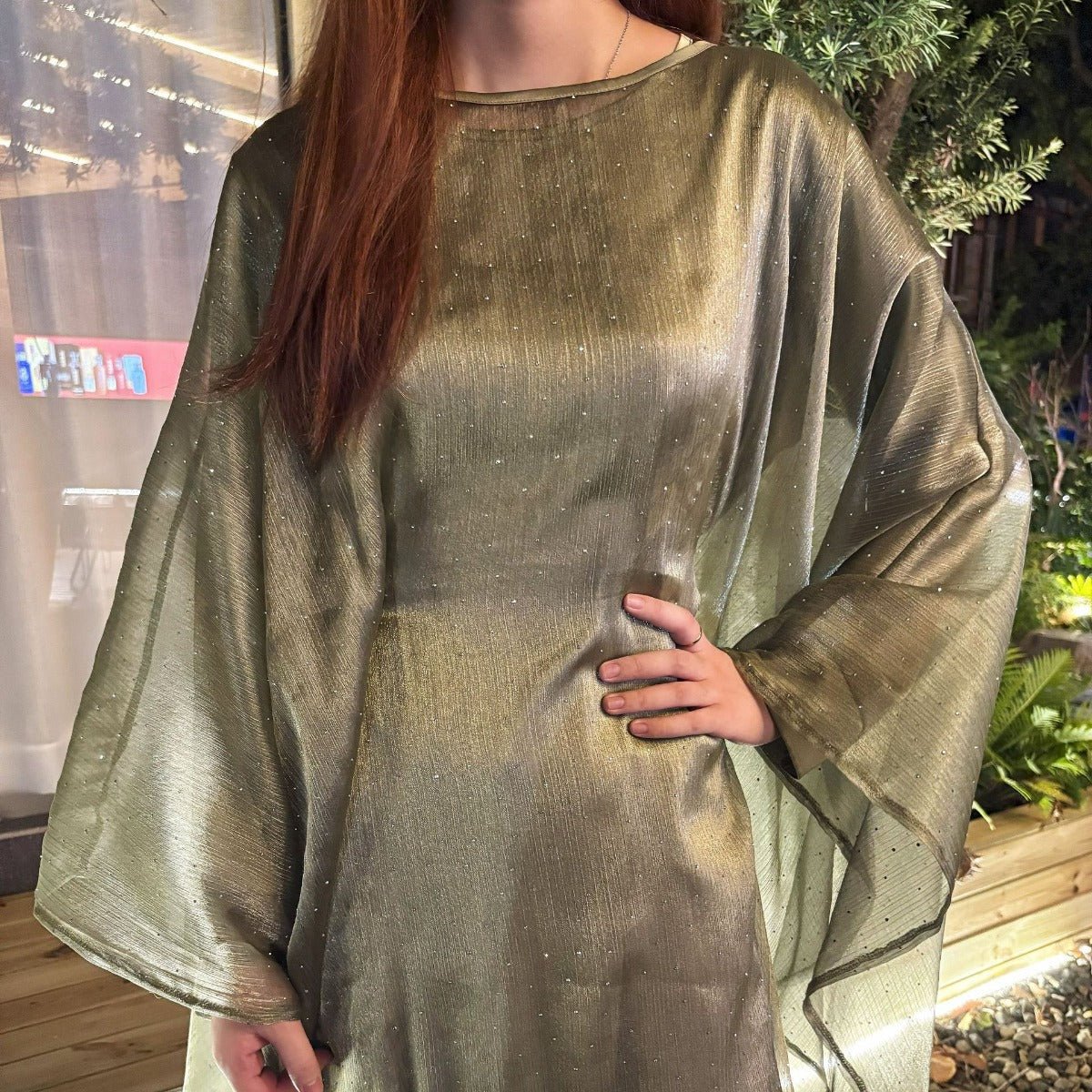 Mariam's Collection Olive Green Sequin Abaya Dress | Starry Night 2-Piece Maxi Dress with Flowing… — Olive detail