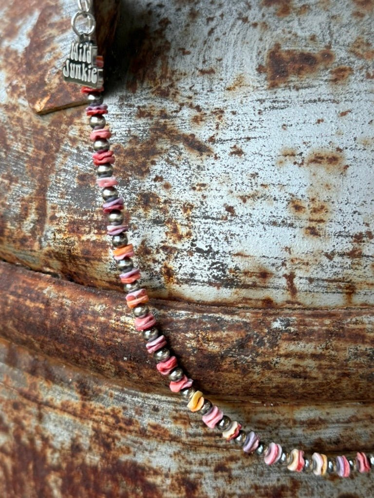 Wild Junkie Sterling Silver Desert Sunset Shell Heishi Bead Necklace — detail close-up
