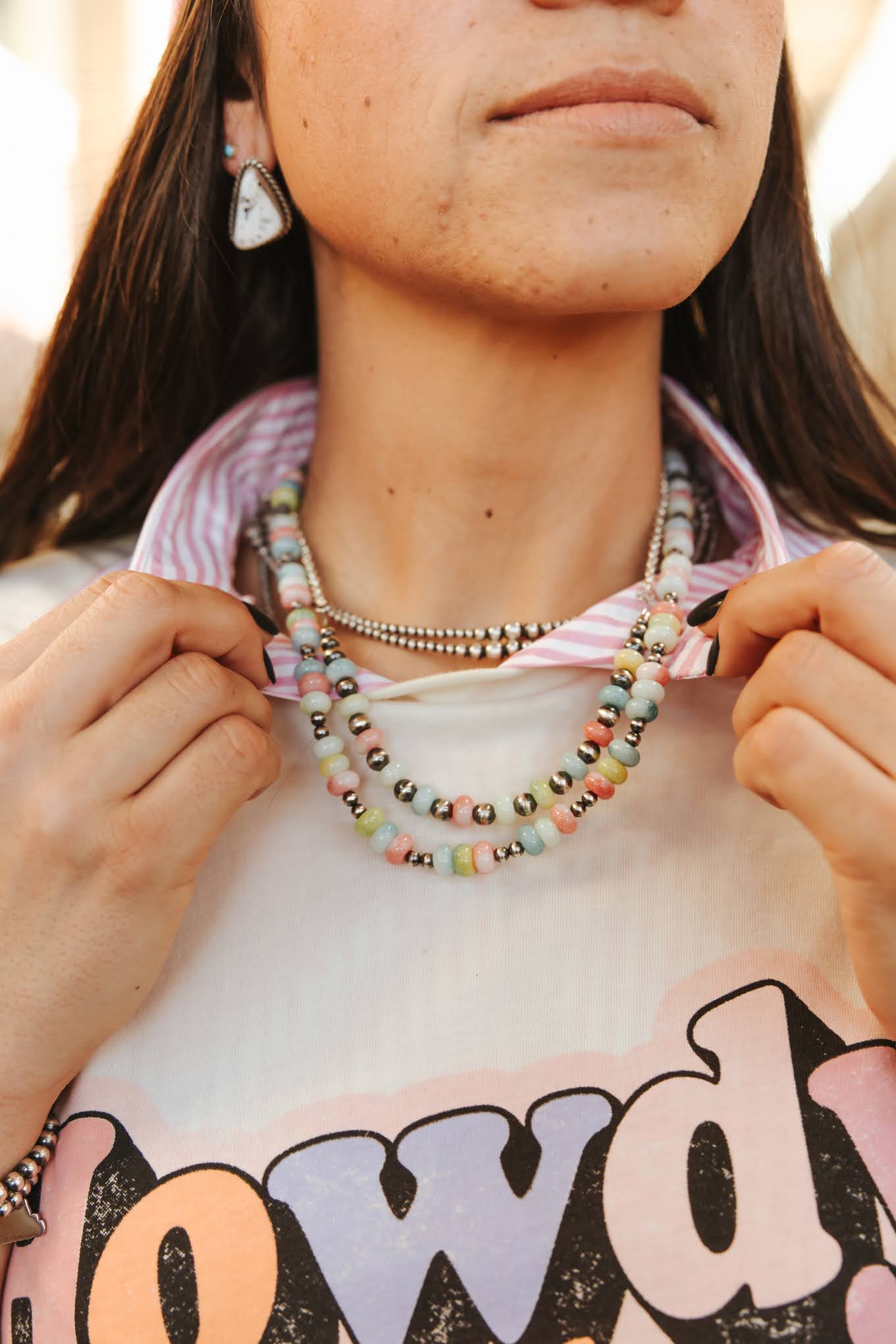 Wild Junkie Sterling Silver Pastel Opal Beaded Choker Necklace — detail close-up