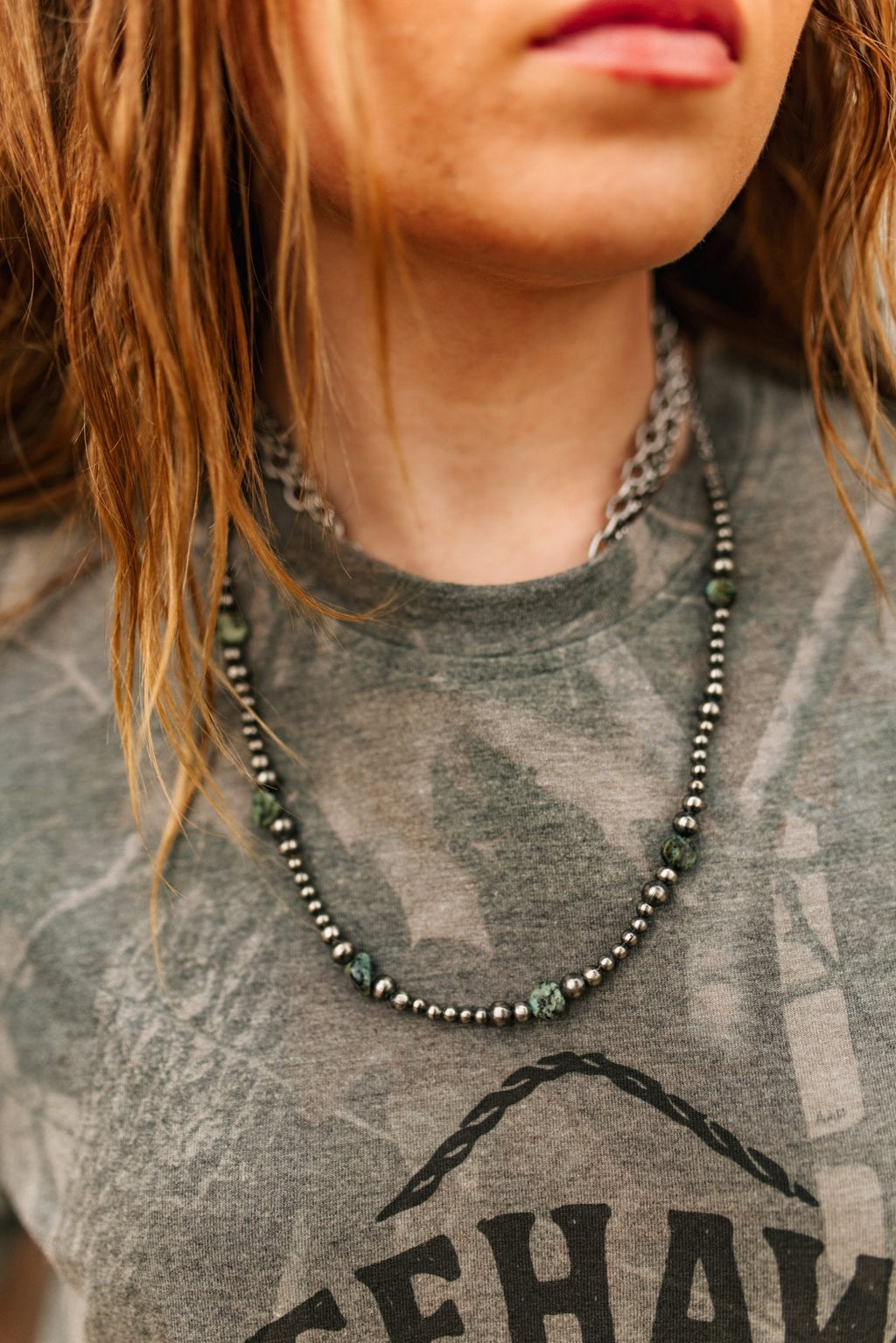 Wild Junkie Sterling Silver Turquoise Flat Bead Necklace — lifestyle context