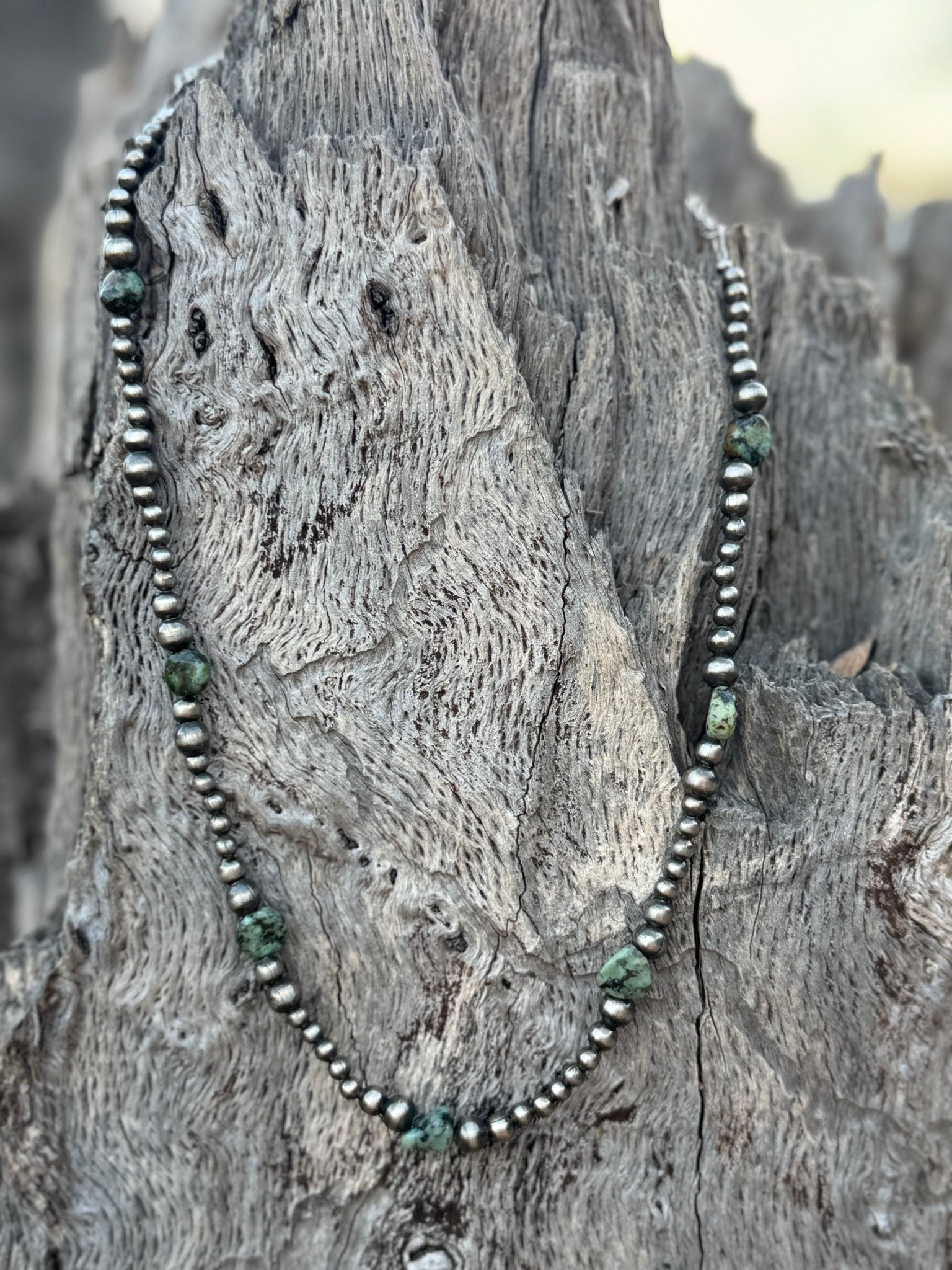 Wild Junkie Silver Beads Turquoise Flats Beaded Necklace — back view