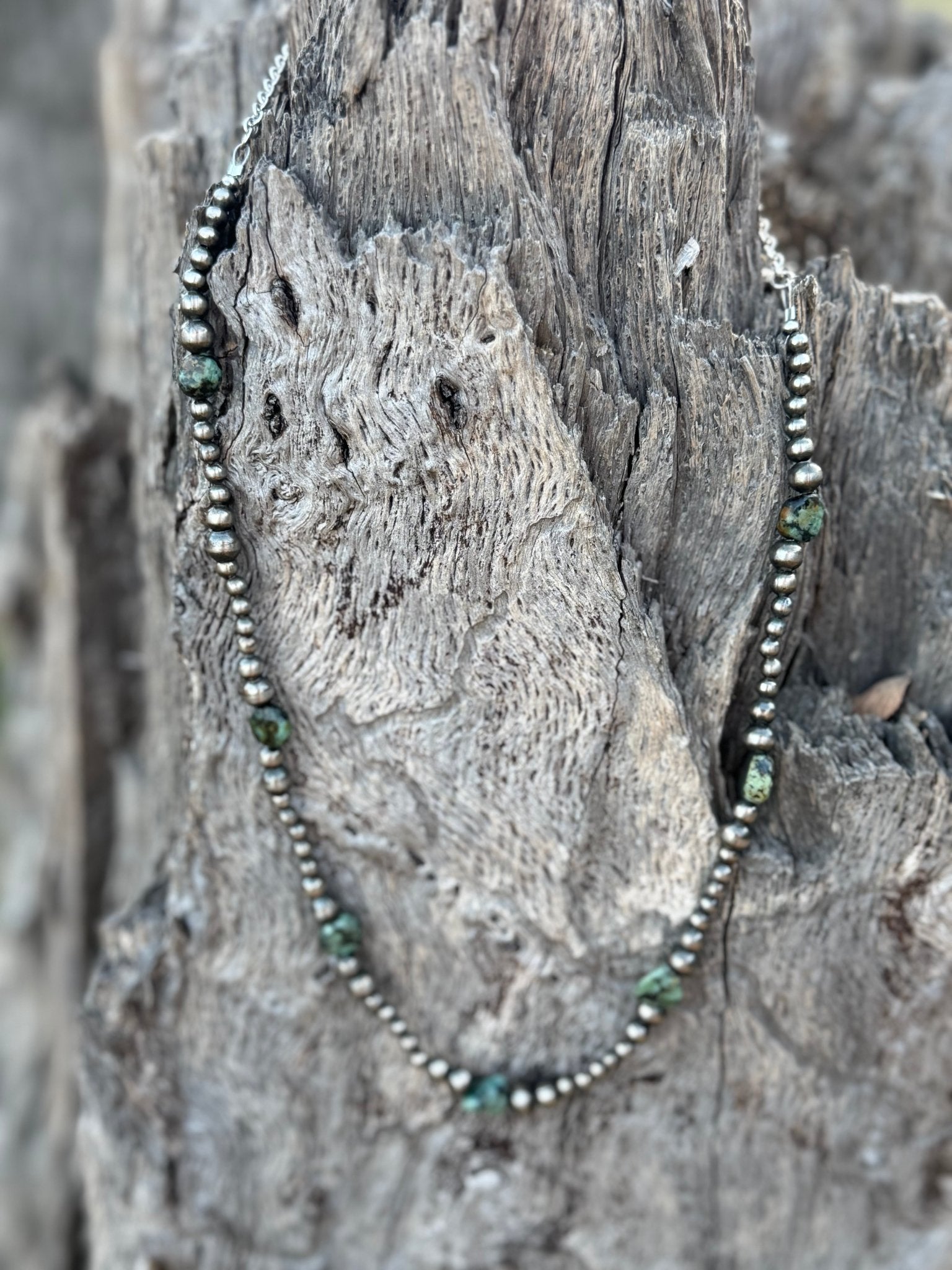 Wild Junkie Silver Beads Turquoise Flats Beaded Necklace — detail close-up