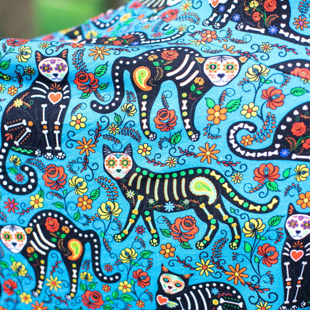 Princess Awesome & Boy Wonder Adult "Los Gatos Fantasmas" Calavera Cats Super Twirler Dress with Pockets — detail close-up