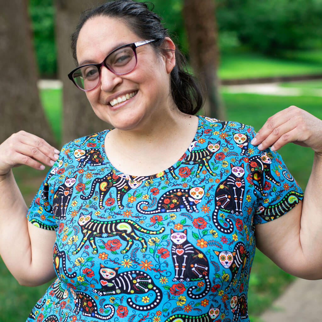 Princess Awesome & Boy Wonder Adult "Los Gatos Fantasmas" Calavera Cats Super Twirler Dress with Pockets — lifestyle context