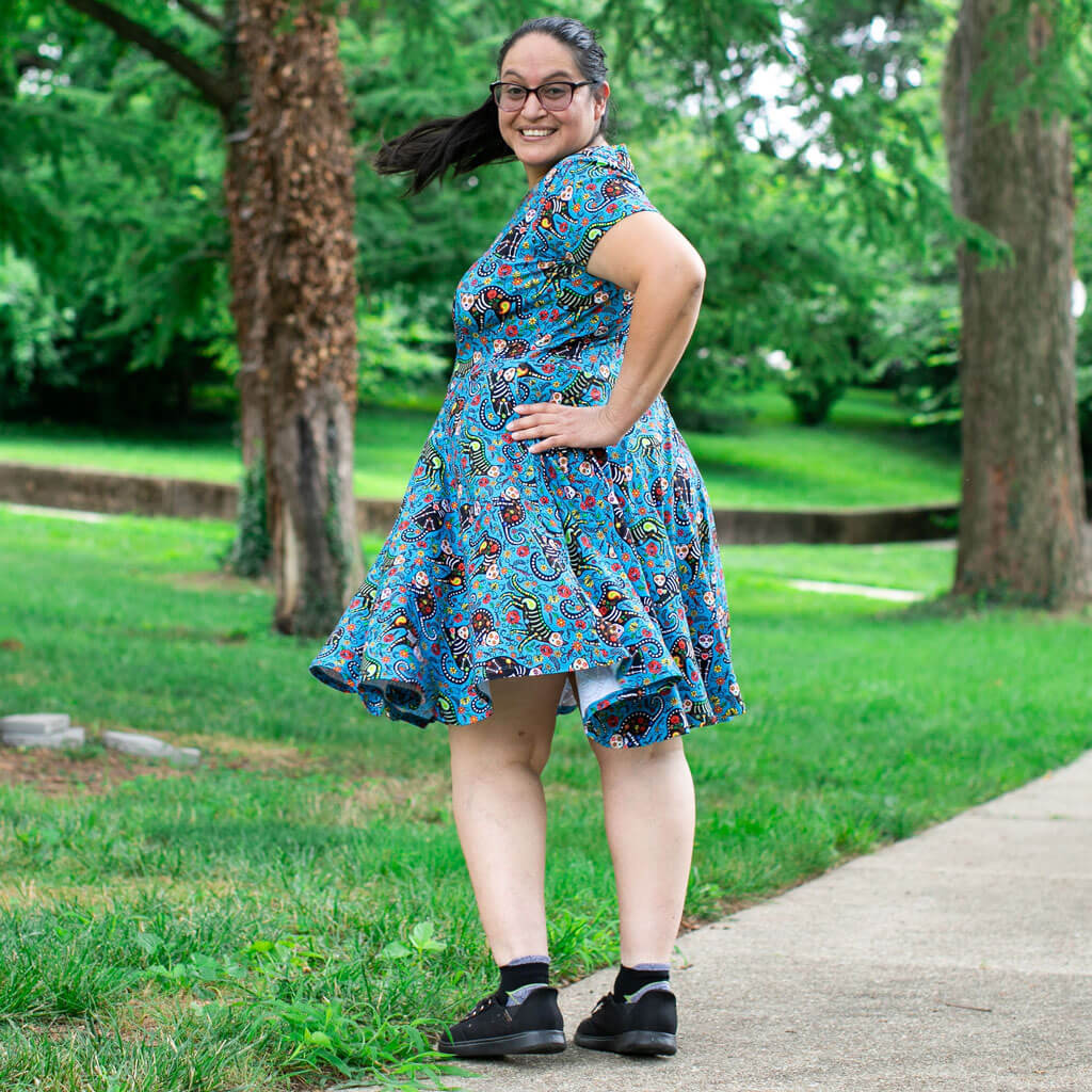Princess Awesome & Boy Wonder Adult "Los Gatos Fantasmas" Calavera Cats Super Twirler Dress with Pockets — back view