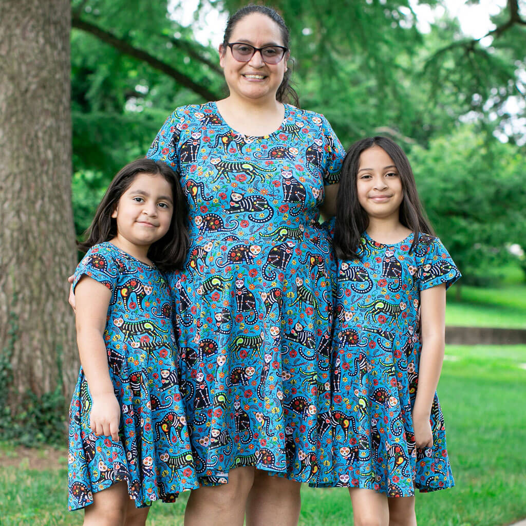 Princess Awesome & Boy Wonder Adult "Los Gatos Fantasmas" Calavera Cats Super Twirler Dress with Pockets — alternative angle