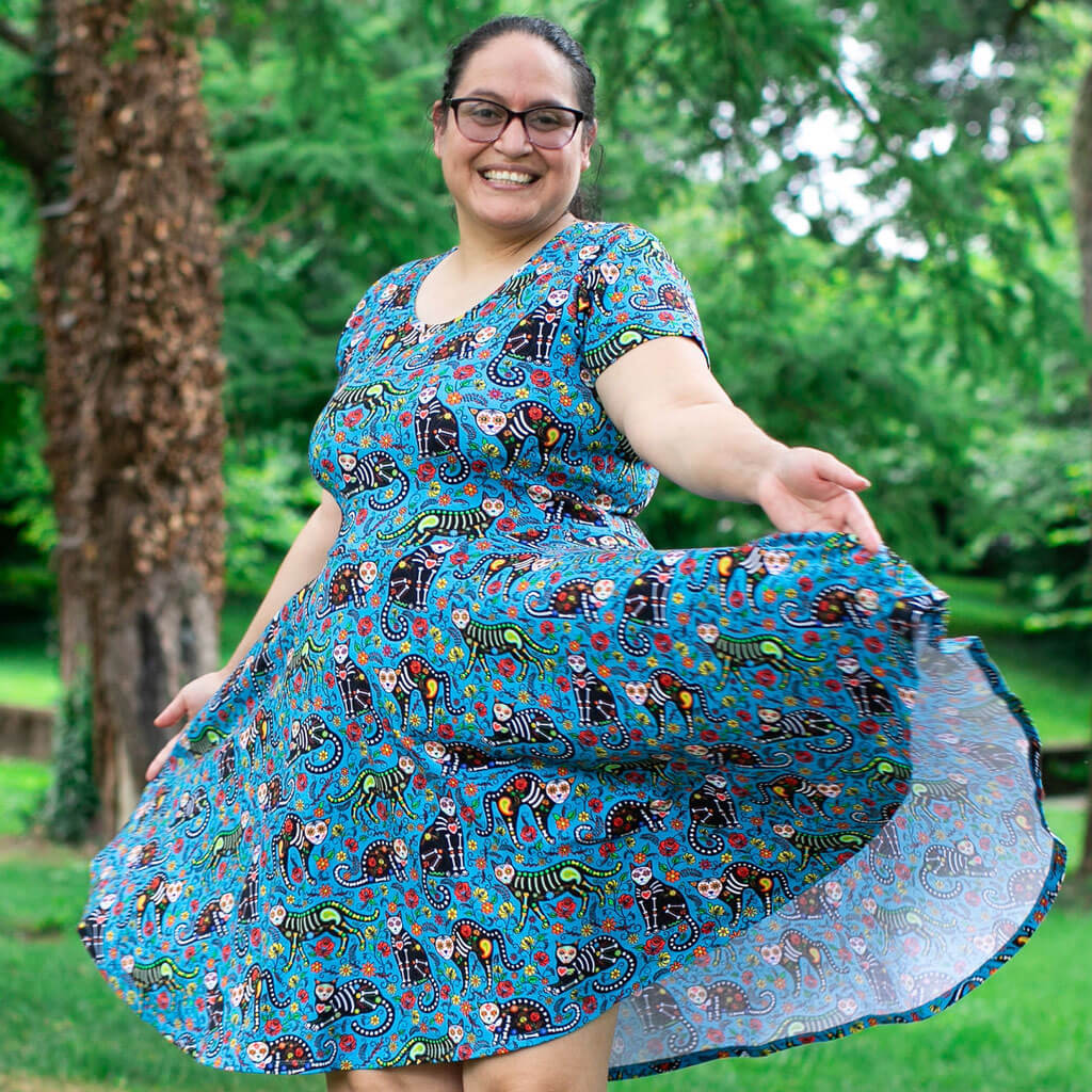Princess Awesome & Boy Wonder Adult "Los Gatos Fantasmas" Calavera Cats Super Twirler Dress with Pockets — main product shot